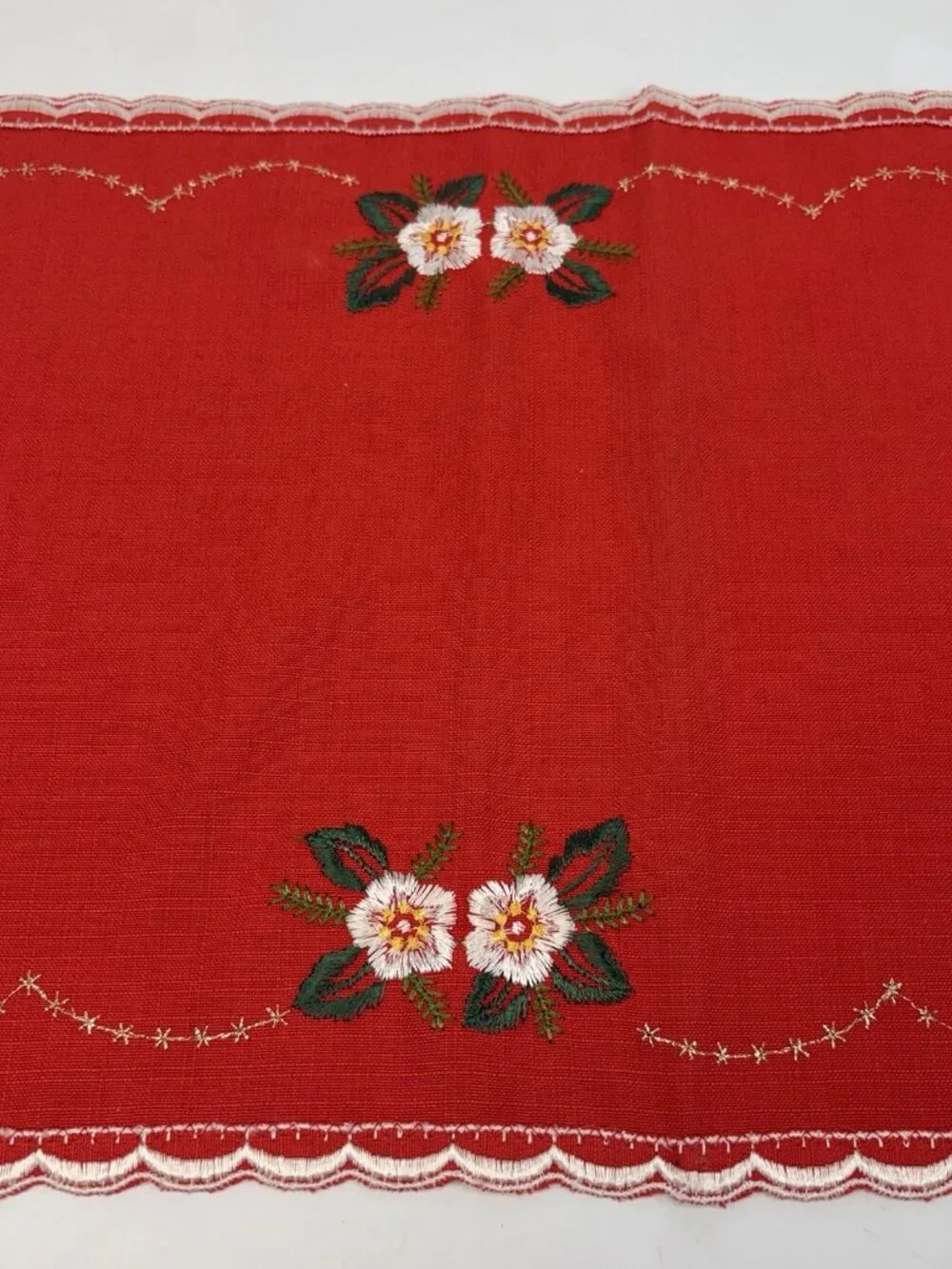 VTG W Germany Red Christmas Table Runner Embroidered Floral Candles Centerpiece